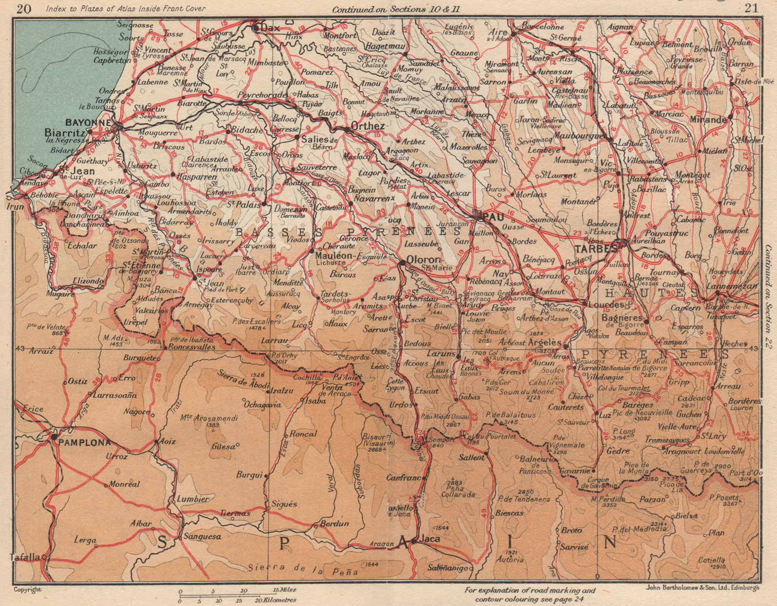 PYRÉNÉES WEST.Biarritz Bayonne Dax Pau Tarbes Pamplona Lourdes Bagnères 1954 map
